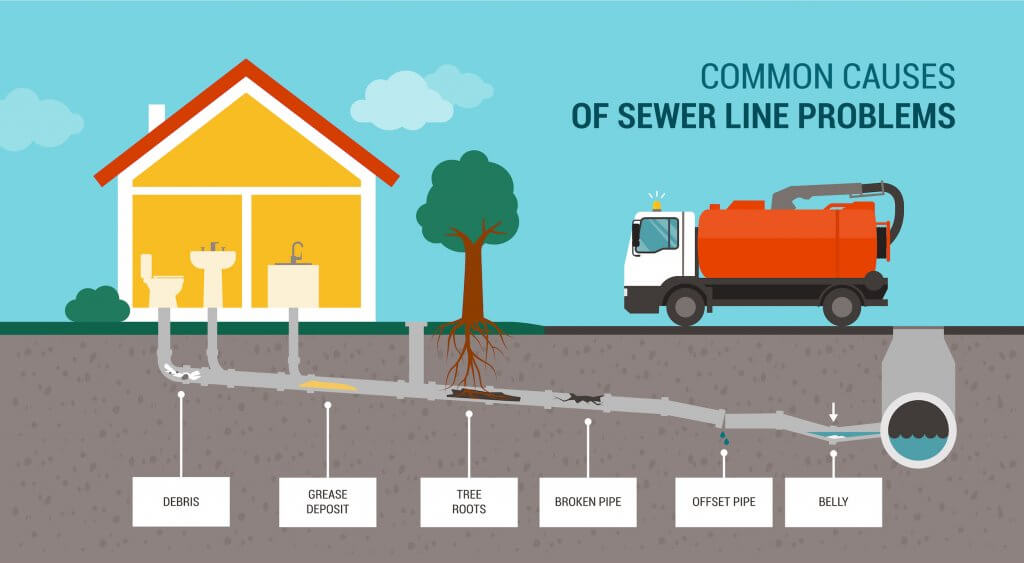 Common causes of sewer line problems infographic and sewer truck